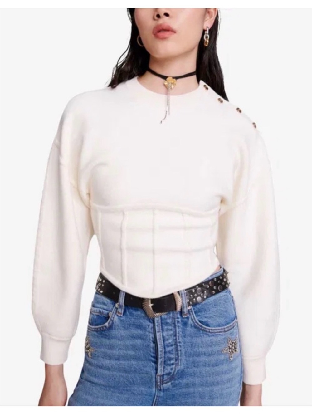 Maje Morset Ivory Corset-Detail Knit Sweater - fits S-M